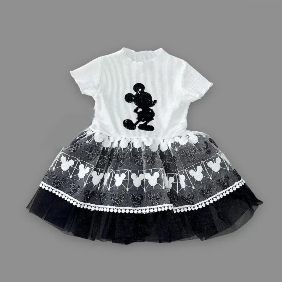 1-2-3 Yaş Payetli Mickey Baskılı Brode Etekli Kız Bebek Elbisesi - Görsel 2