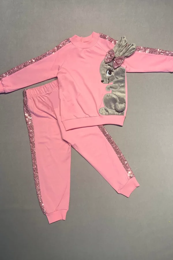 1-2-3 Yaş Payetli Pelüş Tavşan Desenli Likra Penye Kumaş Sweat Pantolonlu Kız 2li Çocuk Takımı Pembe