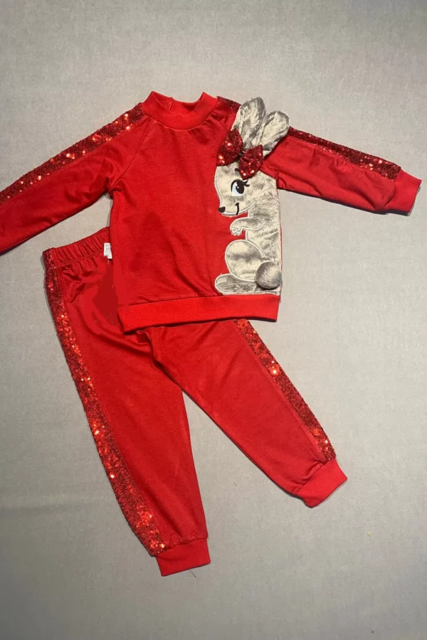 1-2-3 Yaş Payetli Pelüş Tavşan Desenli Likra Penye Kumaş Sweat Pantolonlu Kız 2li Çocuk Takımı Kırmızı
