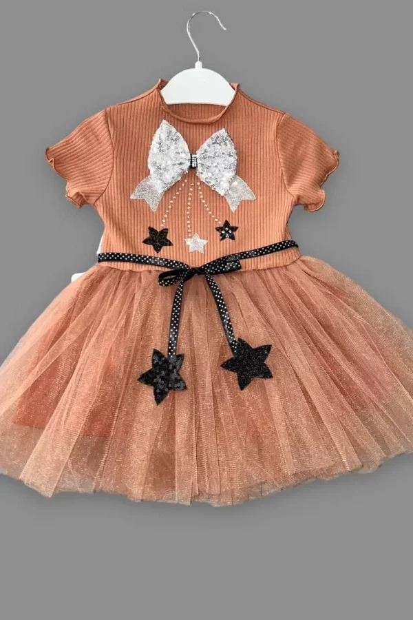 1-2-3 Yaş Payetli Yıldız Nakışlı Astarlı Etek Kız Bebek Tütü Elbisesi