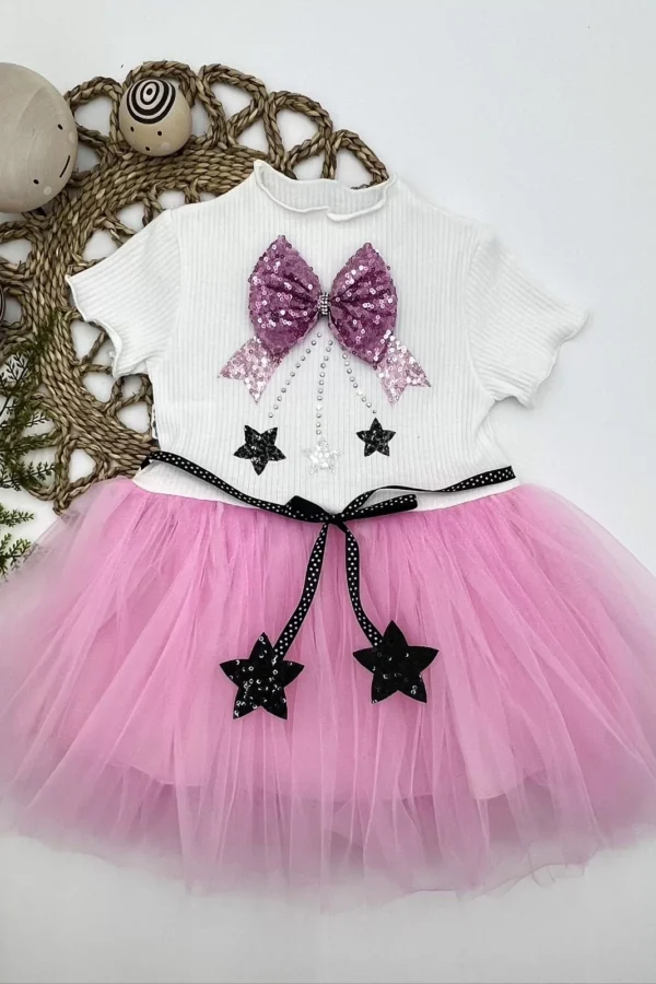 1-2-3 Yaş Payetli Yıldız Nakışlı Astarlı Etek Kız Bebek Tütü Elbisesi