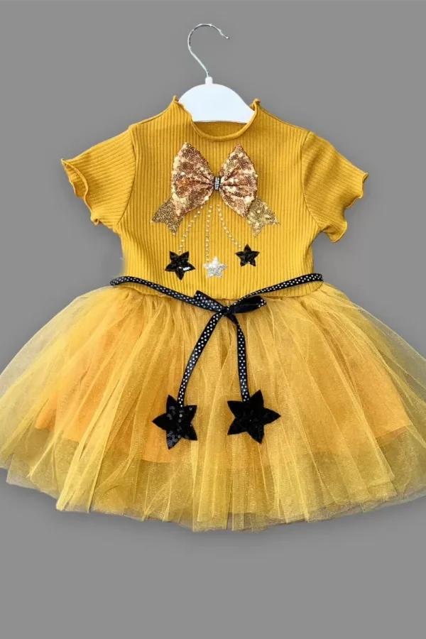 1-2-3 Yaş Payetli Yıldız Nakışlı Astarlı Etek Kız Bebek Tütü Elbisesi