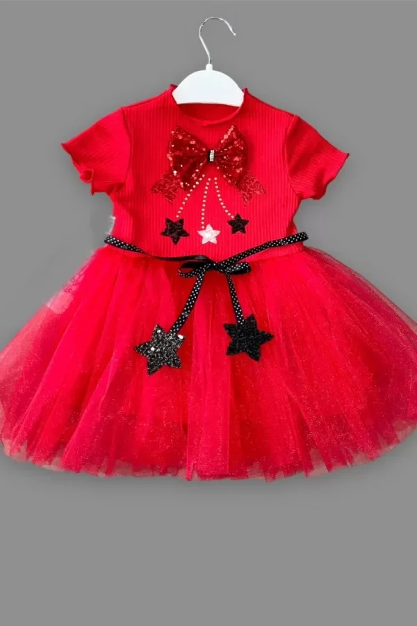 1-2-3 Yaş Payetli Yıldız Nakışlı Astarlı Etek Kız Bebek Tütü Elbisesi
