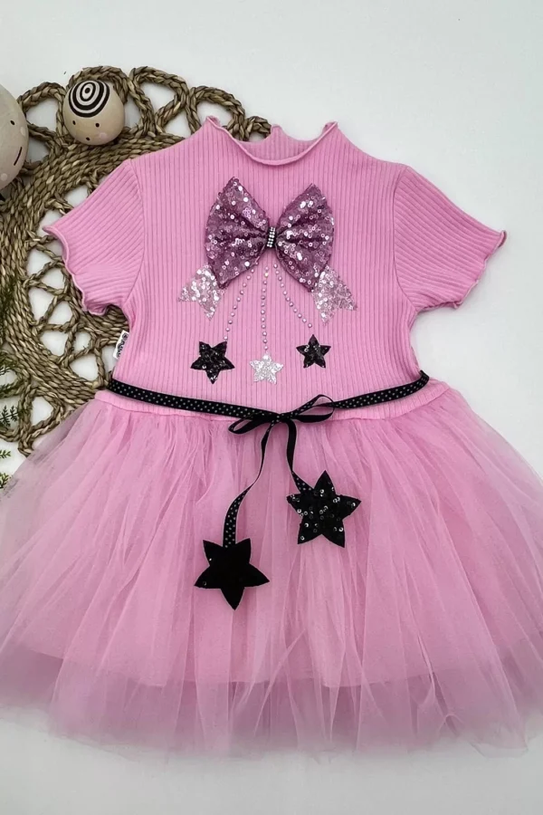 1-2-3 Yaş Payetli Yıldız Nakışlı Astarlı Etek Kız Bebek Tütü Elbisesi
