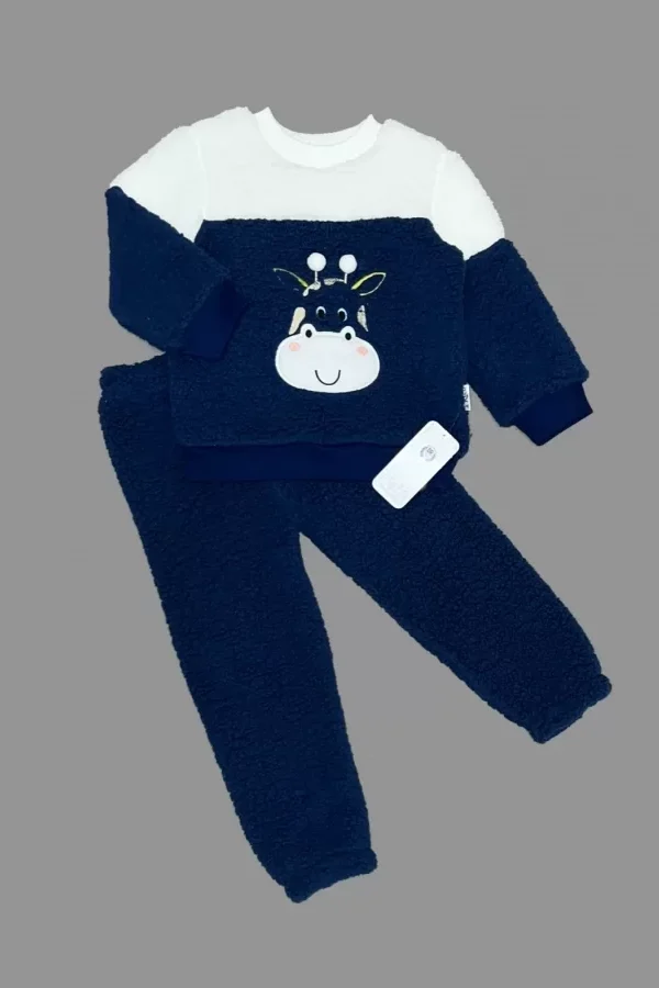 1-2-3 Yaş Ponponlu Zürafa Desenli Kuzu Kumaş Uzun Kollu 2li Kız Erkek Çocuk Takımı Lacivert