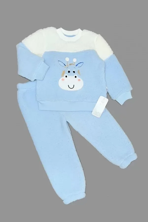 1-2-3 Yaş Ponponlu Zürafa Desenli Kuzu Kumaş Uzun Kollu 2li Kız Erkek Çocuk Takımı Mavi