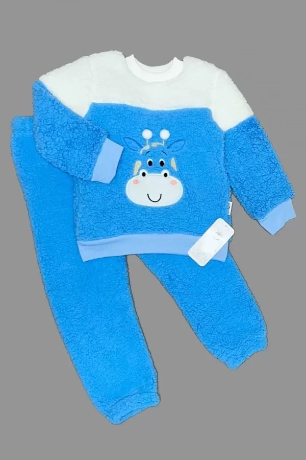 1-2-3 Yaş Ponponlu Zürafa Desenli Kuzu Kumaş Uzun Kollu 2li Kız Erkek Çocuk Takımı Saks Mavisi