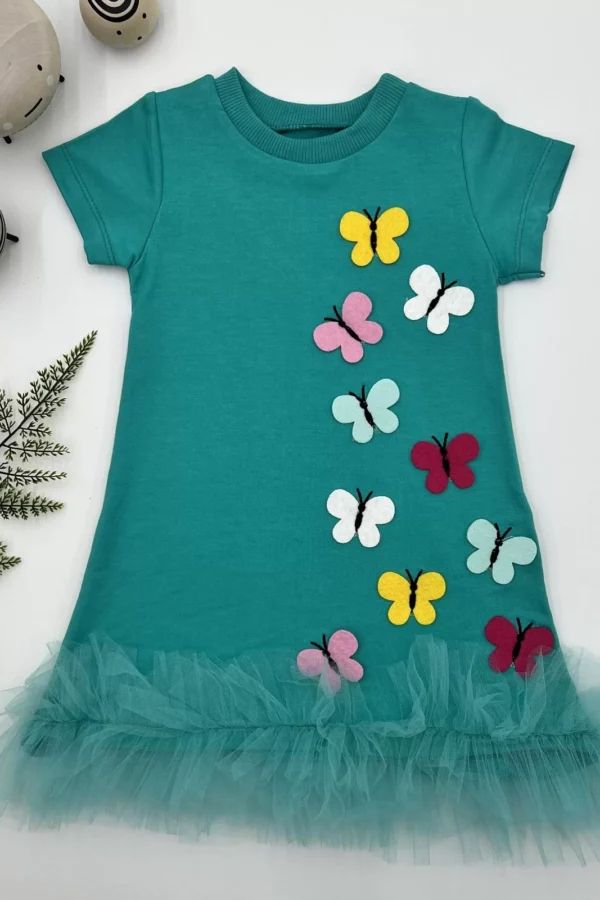 1-2-3 Yaş Renkli Kelebekler Nakışlı Eteği Fırfırlı Jile Çocuk Elbisesi