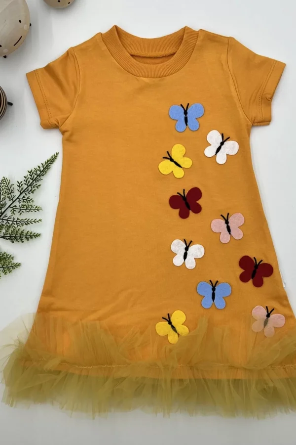 1-2-3 Yaş Renkli Kelebekler Nakışlı Eteği Fırfırlı Jile Çocuk Elbisesi