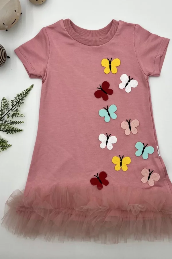 1-2-3 Yaş Renkli Kelebekler Nakışlı Eteği Fırfırlı Jile Çocuk Elbisesi