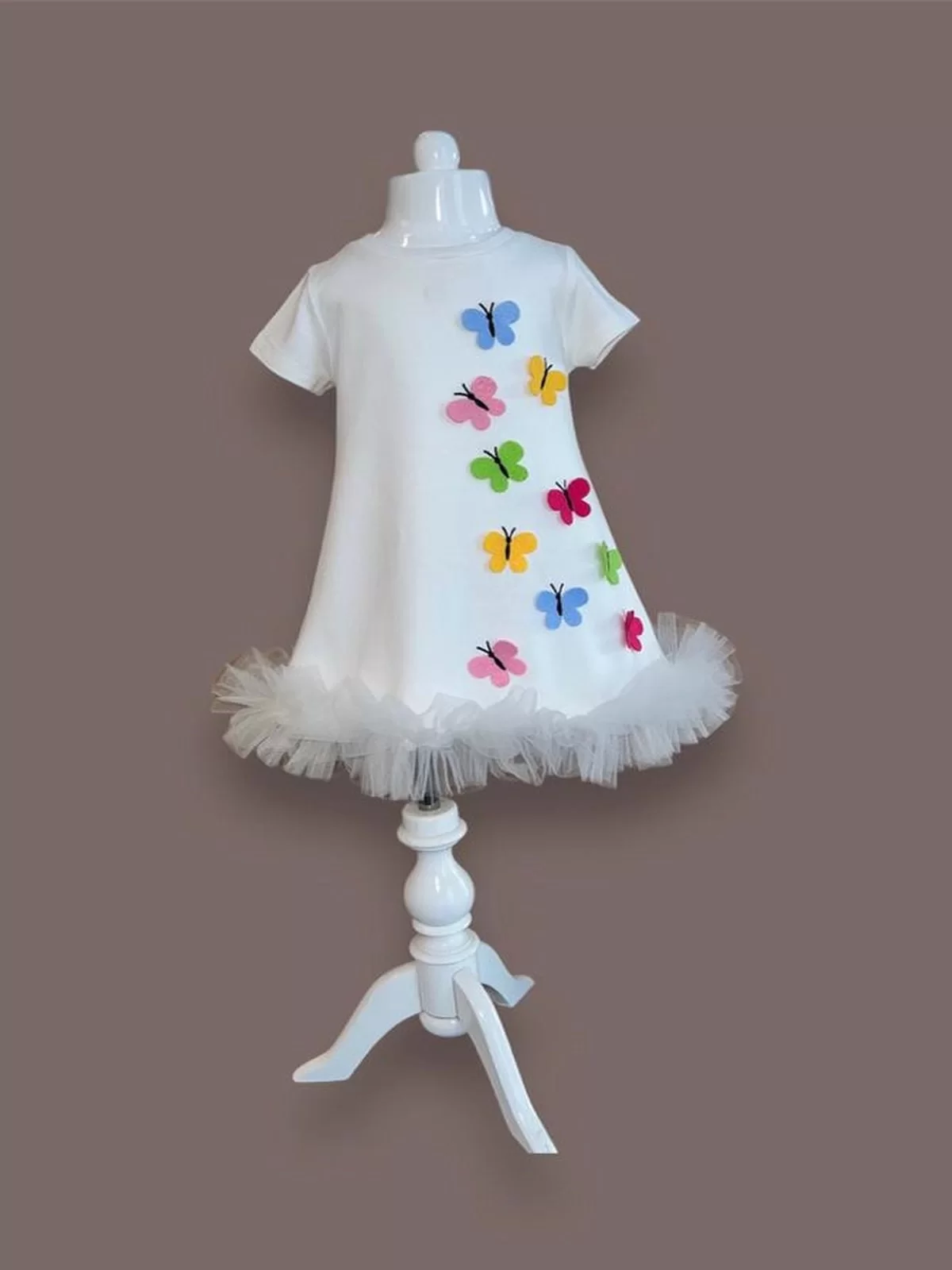 1-2-3 Yaş Renkli Kelebekler Nakışlı Eteği Fırfırlı Jile Çocuk Elbisesi - Görsel 2