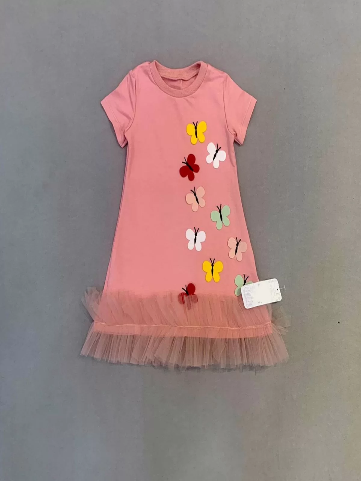 1-2-3 Yaş Renkli Kelebekler Nakışlı Eteği Fırfırlı Jile Çocuk Elbisesi - Görsel 2