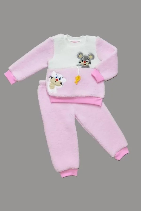 1-2-3 Yaş Sallanan Balık Nakışlı Kuzu Kumaş Sweat Pantolon Uzun Kollu Kız Erkek 2 Li Takımı