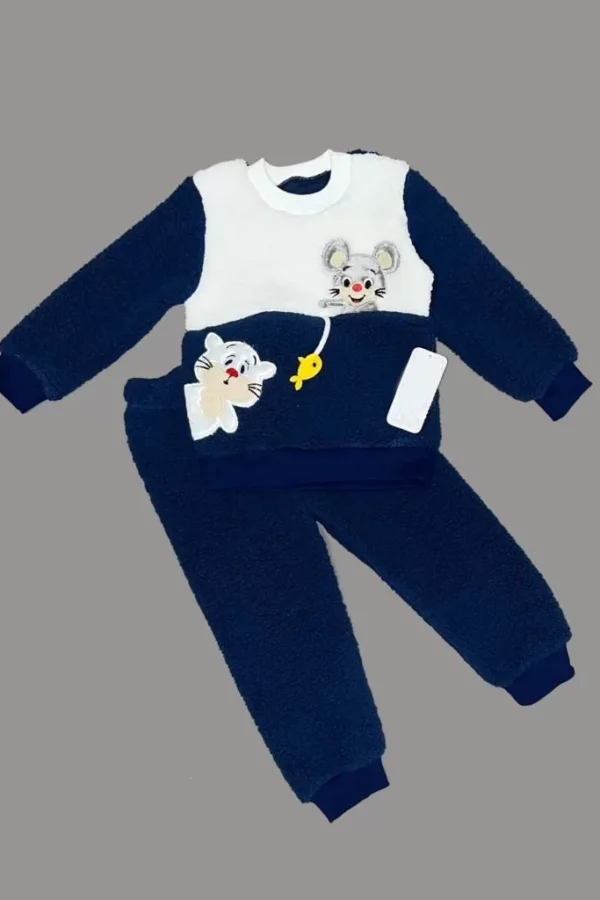 1-2-3 Yaş Sallanan Balık Nakışlı Kuzu Kumaş Sweat Pantolon Uzun Kollu Kız Erkek 2 Li Takımı