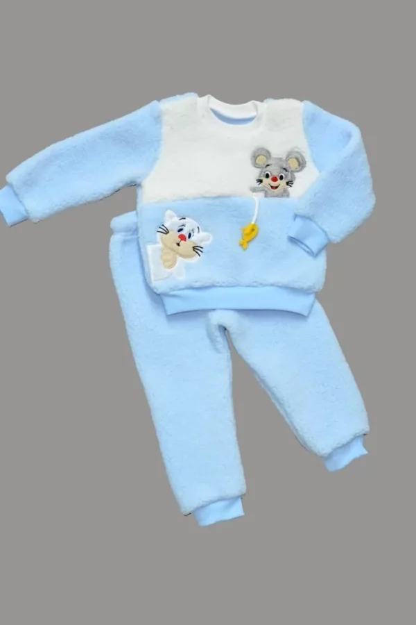 1-2-3 Yaş Sallanan Balık Nakışlı Kuzu Kumaş Sweat Pantolon Uzun Kollu Kız Erkek 2 Li Takımı