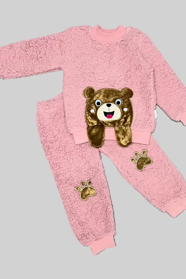 1-2-3 Yaş Sallanan El Ayıcıklı Kuzu Kumaş Sweat Patili Pantolon Uzun Kollu Kız Erkek 2 Li Takımı