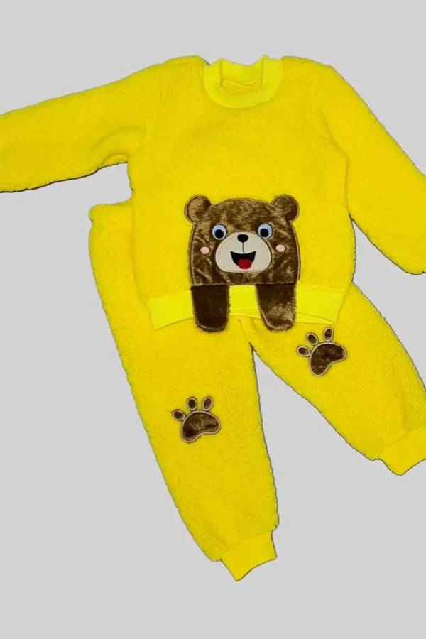 1-2-3 Yaş Sallanan El Ayıcıklı Kuzu Kumaş Sweat Patili Pantolon Uzun Kollu Kız Erkek 2 Li Takımı