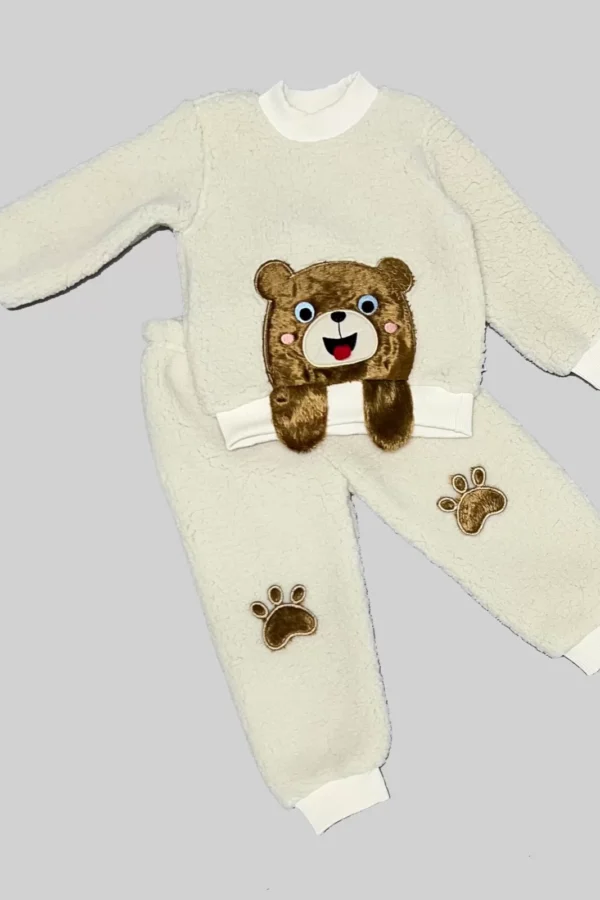 1-2-3 Yaş Sallanan El Ayıcıklı Kuzu Kumaş Sweat Patili Pantolon Uzun Kollu Kız Erkek 2 Li Takımı