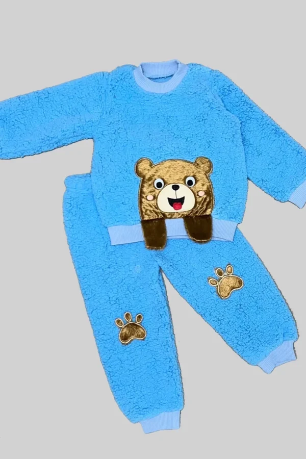1-2-3 Yaş Sallanan El Ayıcıklı Kuzu Kumaş Sweat Patili Pantolon Uzun Kollu Kız Erkek 2 Li Takımı