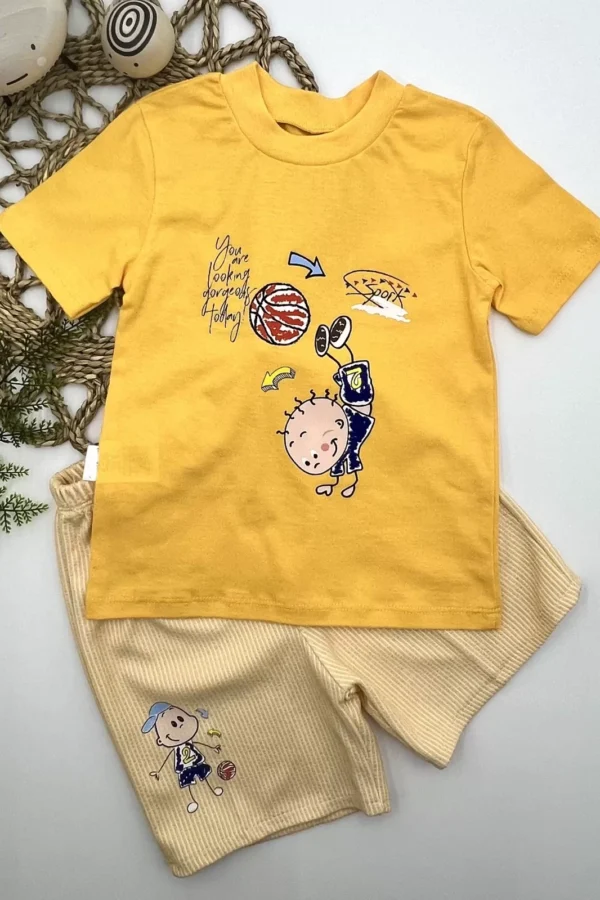1-2-3 Yaş Topçu Erkek Çocuk Baskılı Şortlu Kısa Kollu Tişört 2li Erkek Bebek Takımı Sarı