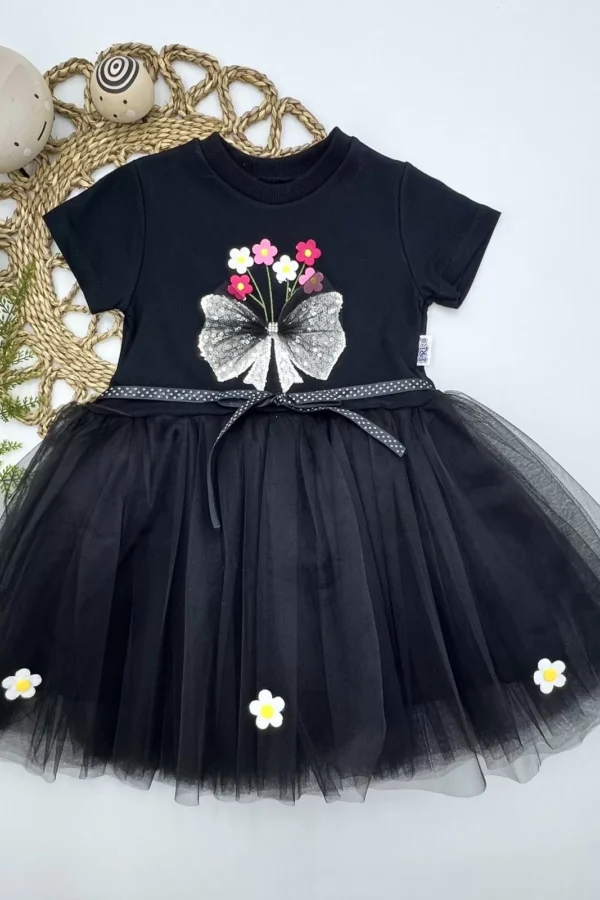 1-2-3 Yaş Tül Fiyonk Çiçekler Nakışlı Astarlı Kız Bebek Tütü Elbisesi