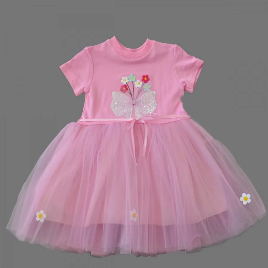 1-2-3 Yaş Tül Fiyonk Çiçekler Nakışlı Astarlı Kız Bebek Tütü Elbisesi - Görsel 2