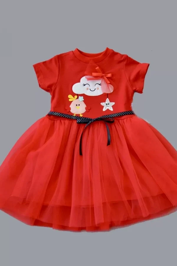 1-2-3 Yaş Tül Tokalı Bulut Civciv Ve Yıldız Nakışlı Kız Bebek Elbisesi