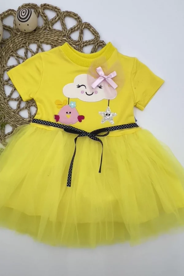 1-2-3 Yaş Tül Tokalı Bulut Civciv Ve Yıldız Nakışlı Kız Bebek Elbisesi