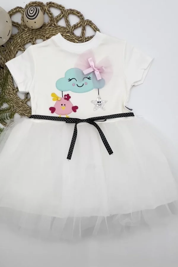1-2-3 Yaş Tül Tokalı Bulut Civciv Ve Yıldız Nakışlı Kız Bebek Elbisesi