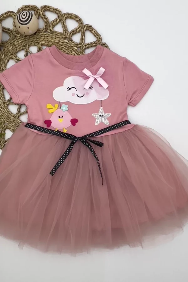 1-2-3 Yaş Tül Tokalı Bulut Civciv Ve Yıldız Nakışlı Kız Bebek Elbisesi