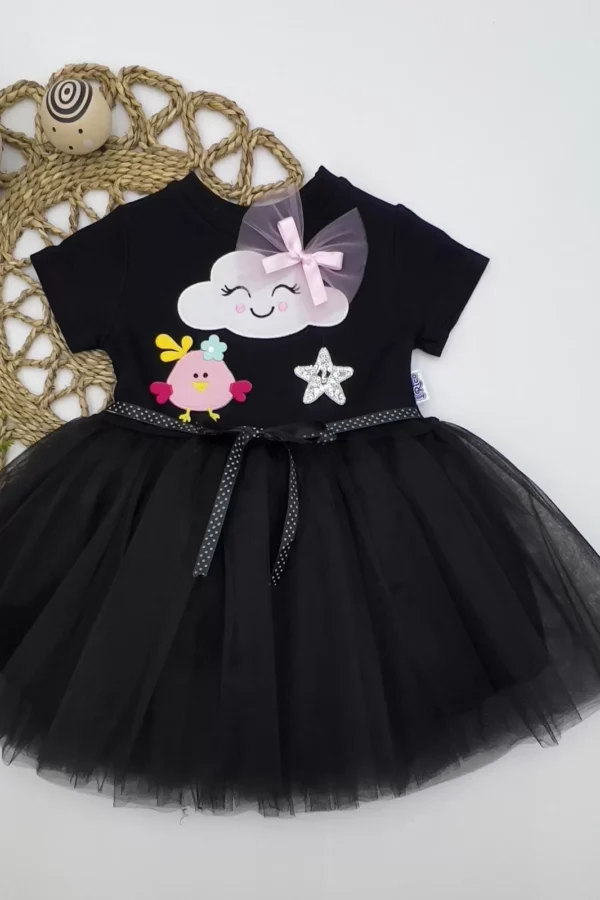 1-2-3 Yaş Tül Tokalı Bulut Civciv Ve Yıldız Nakışlı Kız Bebek Elbisesi