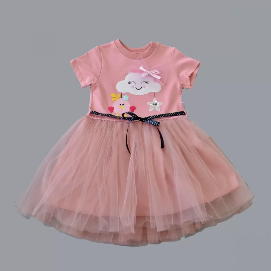 1-2-3 Yaş Tül Tokalı Bulut Civciv Ve Yıldız Nakışlı Kız Bebek Elbisesi - Görsel 2