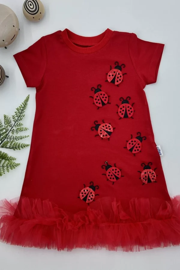1-2-3 Yaş Uğur Böceği Nakışlı Fırfır Uçlu Kız Çocuk Jile Elbisesi