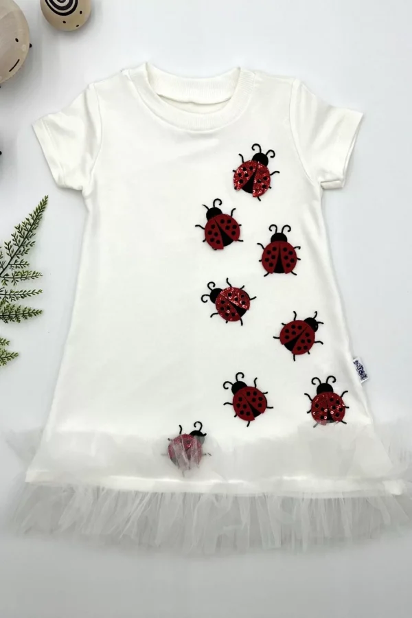1-2-3 Yaş Uğur Böceği Nakışlı Fırfır Uçlu Kız Çocuk Jile Elbisesi