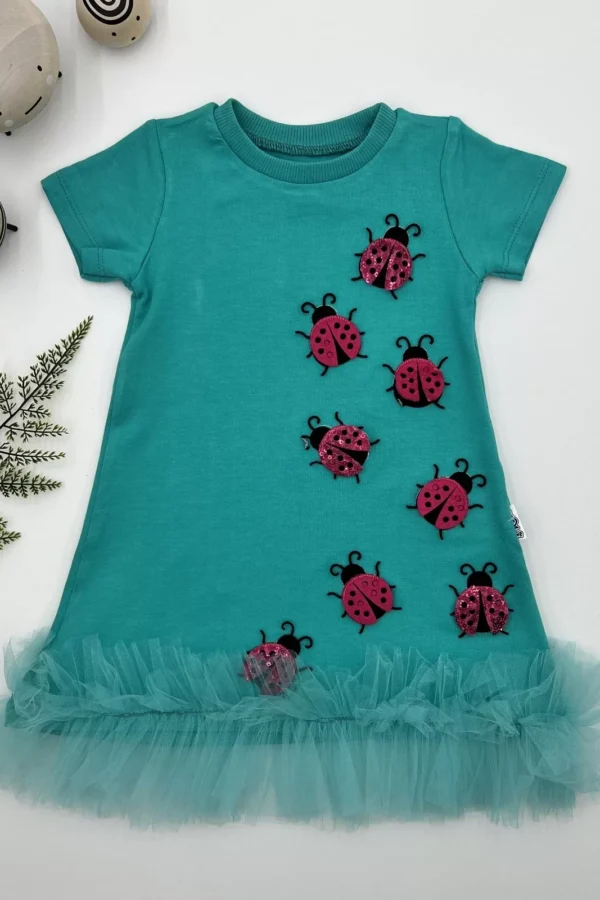 1-2-3 Yaş Uğur Böceği Nakışlı Fırfır Uçlu Kız Çocuk Jile Elbisesi