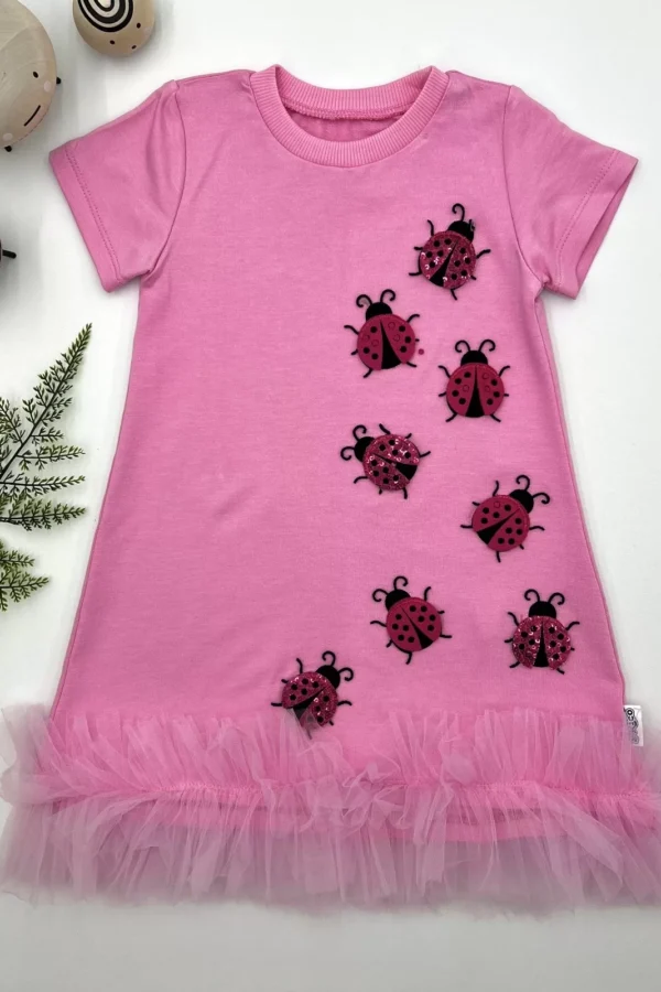 1-2-3 Yaş Uğur Böceği Nakışlı Fırfır Uçlu Kız Çocuk Jile Elbisesi