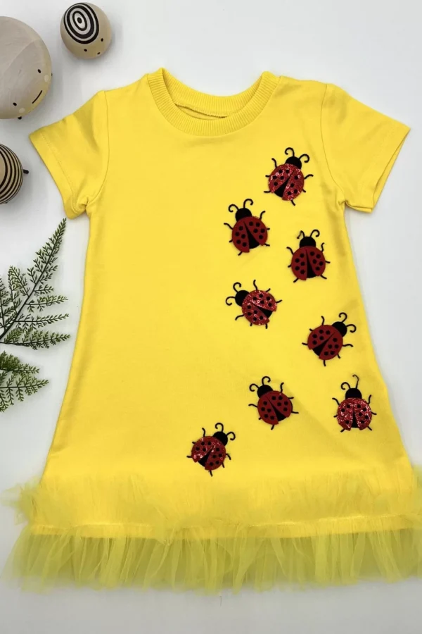 1-2-3 Yaş Uğur Böceği Nakışlı Fırfır Uçlu Kız Çocuk Jile Elbisesi
