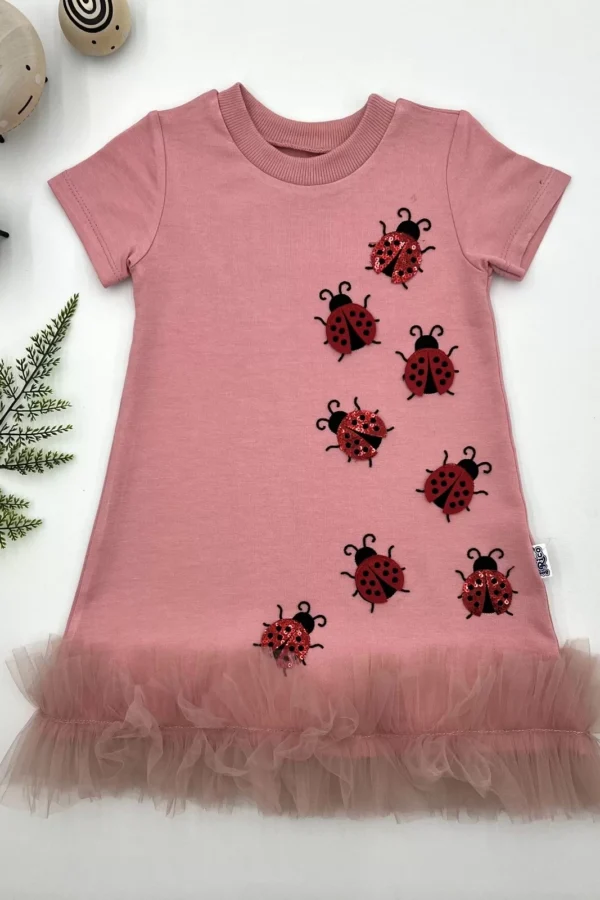 1-2-3 Yaş Uğur Böceği Nakışlı Fırfır Uçlu Kız Çocuk Jile Elbisesi