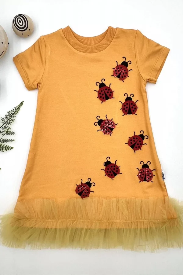 1-2-3 Yaş Uğur Böceği Nakışlı Fırfır Uçlu Kız Çocuk Jile Elbisesi