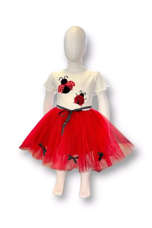 1-2-3 Yaş Uğur Böceği Nakışlı Kurdela Kuşak Kız Çocuk Elbisesi