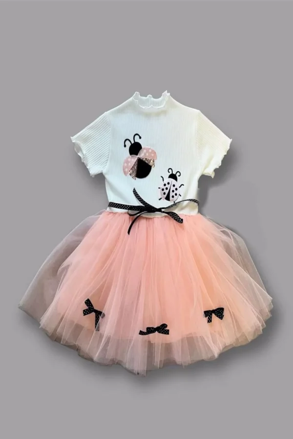 1-2-3 Yaş Uğur Böceği Nakışlı Kurdela Kuşak Kız Çocuk Elbisesi