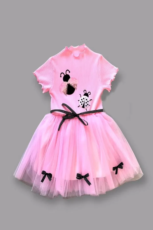 1-2-3 Yaş Uğur Böceği Nakışlı Kurdela Kuşak Kız Çocuk Elbisesi