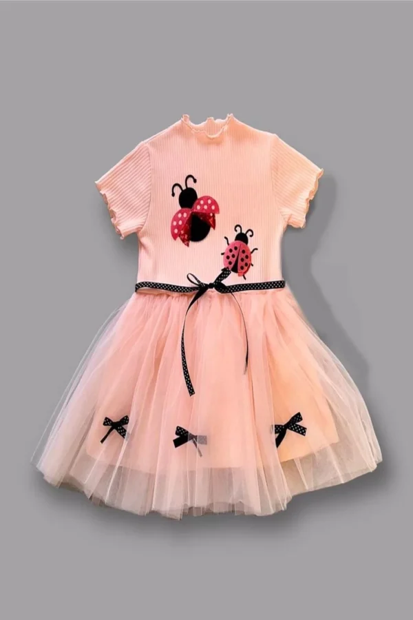 1-2-3 Yaş Uğur Böceği Nakışlı Kurdela Kuşak Kız Çocuk Elbisesi