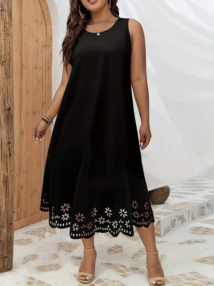 Kadın Kolsuz Etek Ucu Lazer Kesim çiçek Desenli Midi Boy Janjan Krep Elbise - Görsel 7