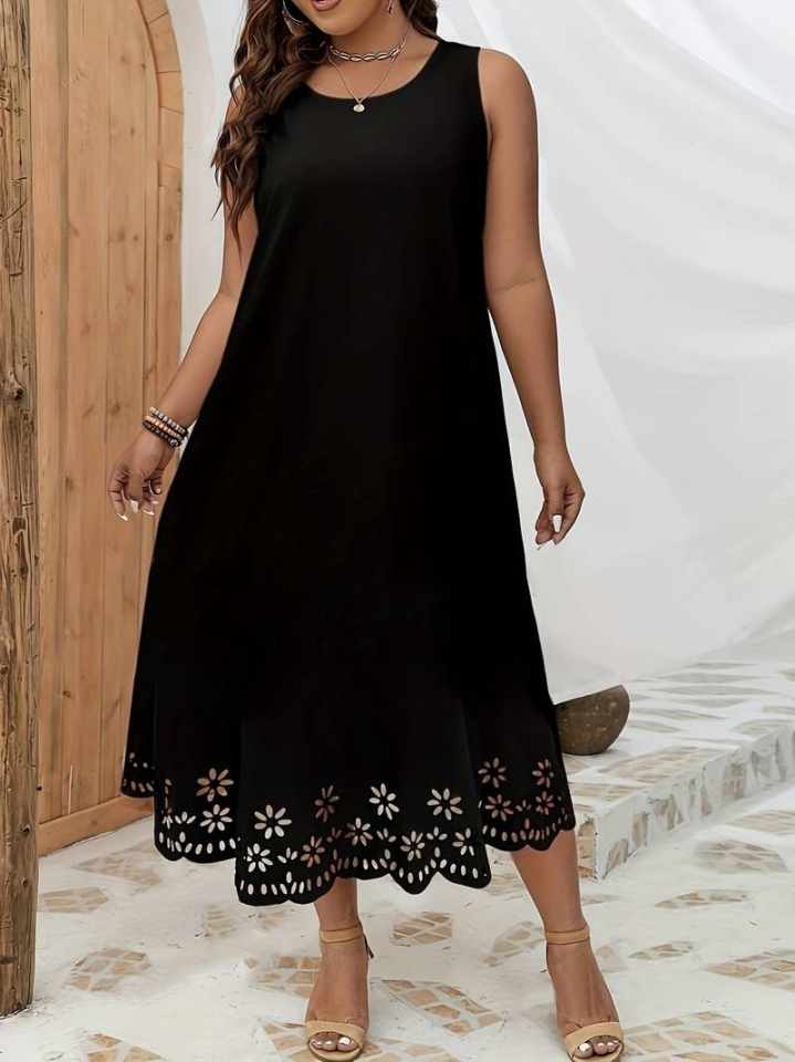 Kadın Kolsuz Etek Ucu Lazer Kesim çiçek Desenli Midi Boy Janjan Krep Elbise - Görsel 8