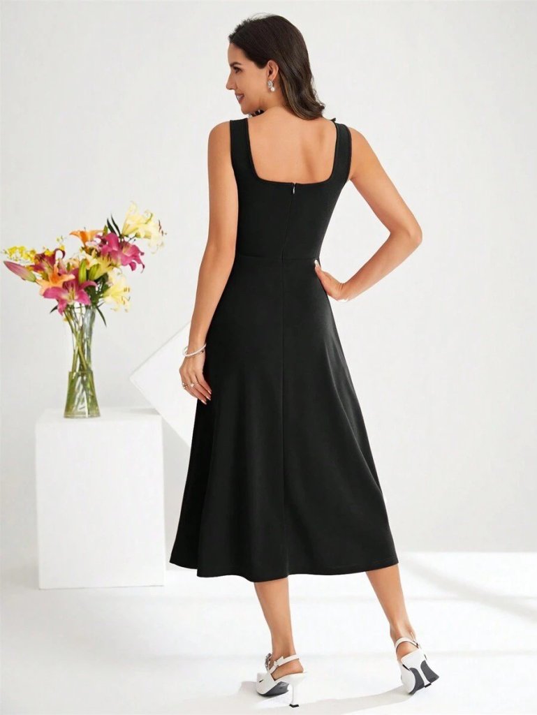 Kadın Askılı Kare Yakalı Midi Ithal Krep Elbise - Görsel 8