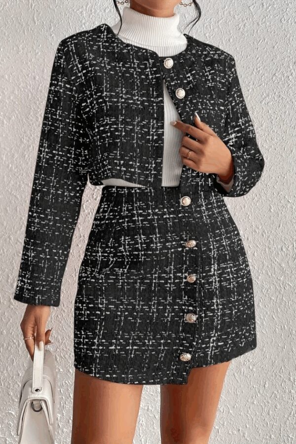 Kadın Uzun Kollu önü Düğmeli şanel Ceket Ve Etek Takım