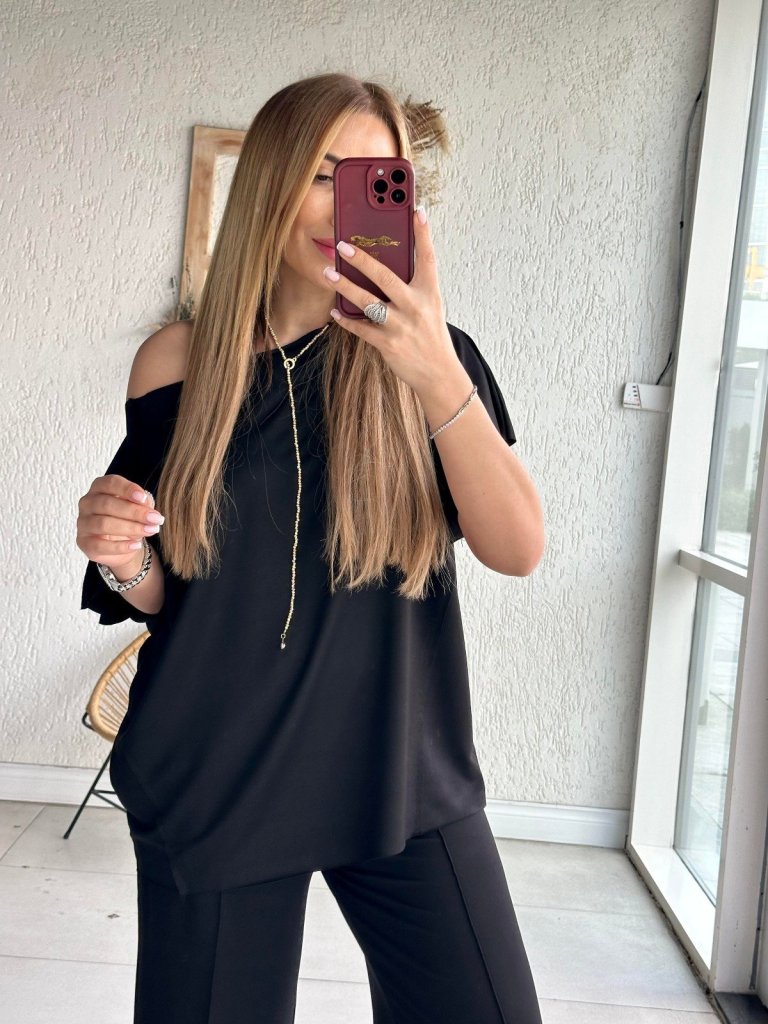 Kadın Tek Omuzdan Açık Geniş Kesim Viskon Iki Iplik Bluz Ve Pantolon Ikili Takım - Görsel 2