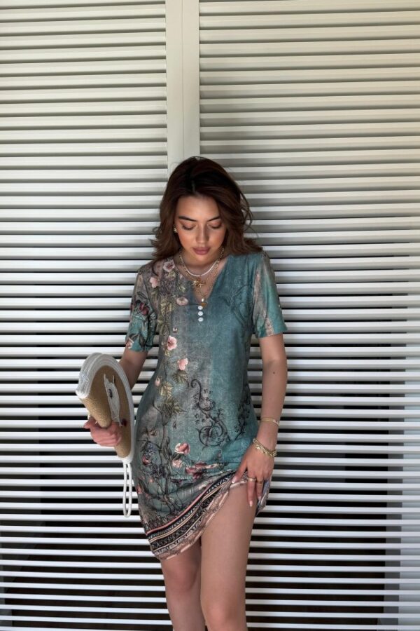 Kadın Kısa Kollu V Yakalı çiçek Baskılı Midi Süprem Elbise