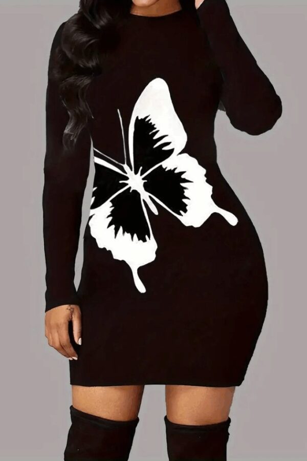 Kadın Uzun Kollu Bisiklet Yaka Kelebek Desenli Kısa Viskon Iki Iplik Elbise